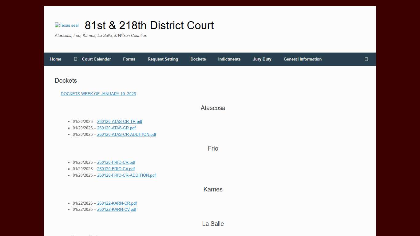 Dockets – 81st & 218th District Court